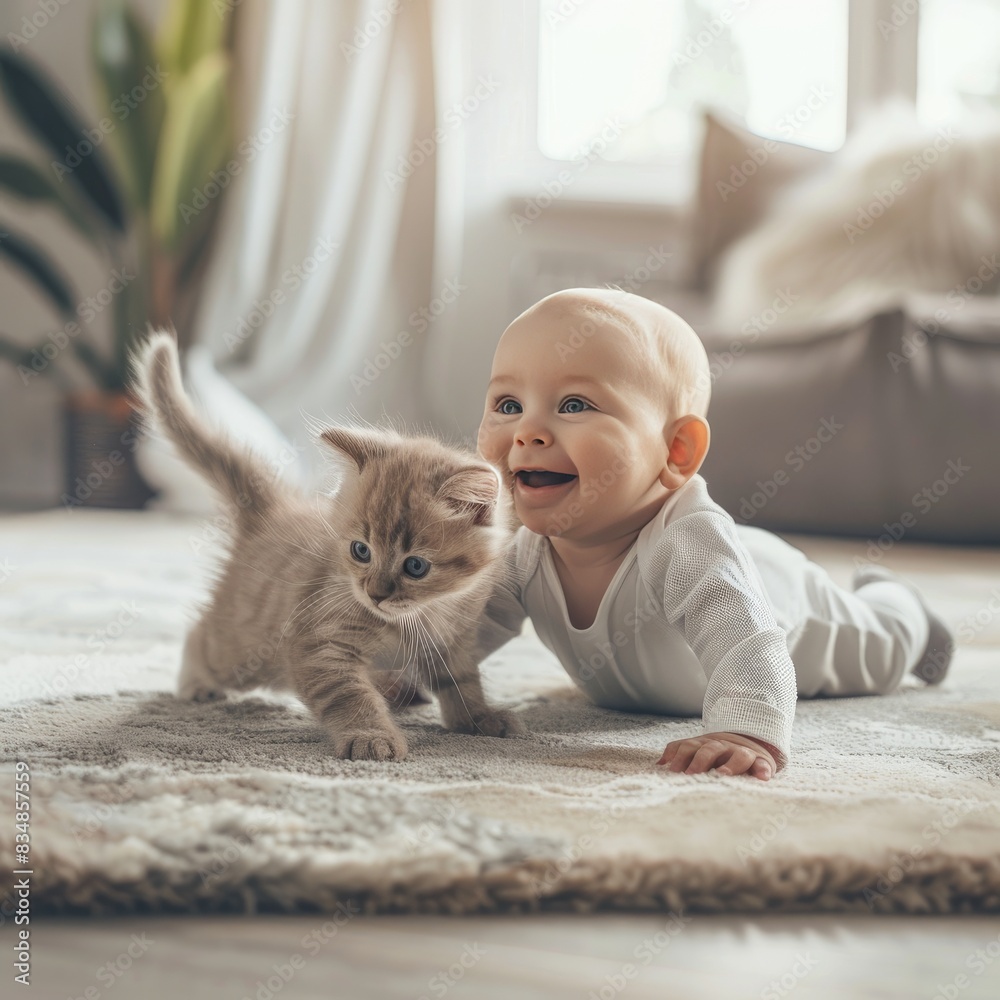 A baby is playing with a kitten on the floor. Close-up, isolated. Illustration for animal welfare activities A baby is playing with a kitten on the floor. Close-up, isolated. Illustration for animal welfare activities