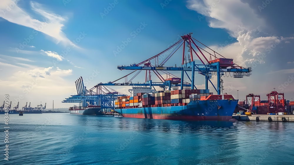 A ship for transporting cargo containers and also unloading it at the docks of a cargo port. AI Generated