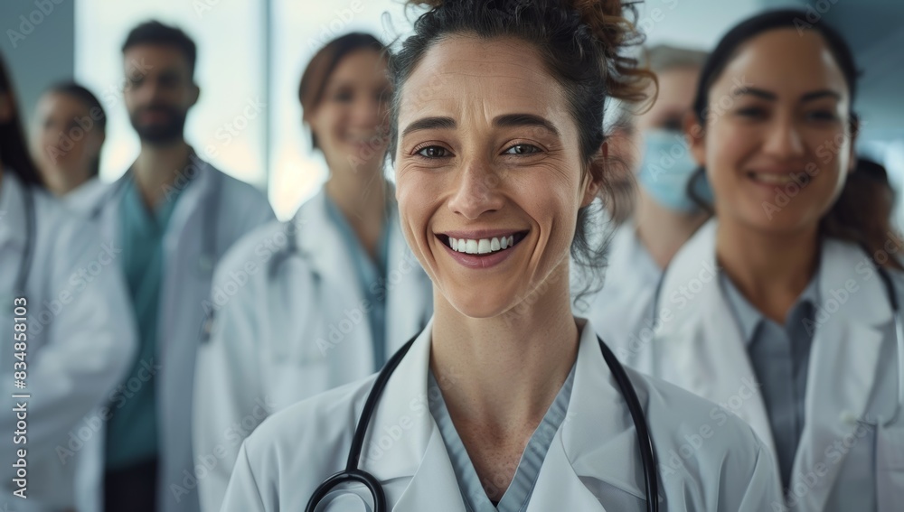 A group of doctors standing in front, smiling and looking at the camera, portrait photography, Medical professionals proud A group of doctors standing in front, smiling and looking at the camera, portrait photography, Medical professionals proud