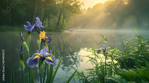 irises against a forest lake photo