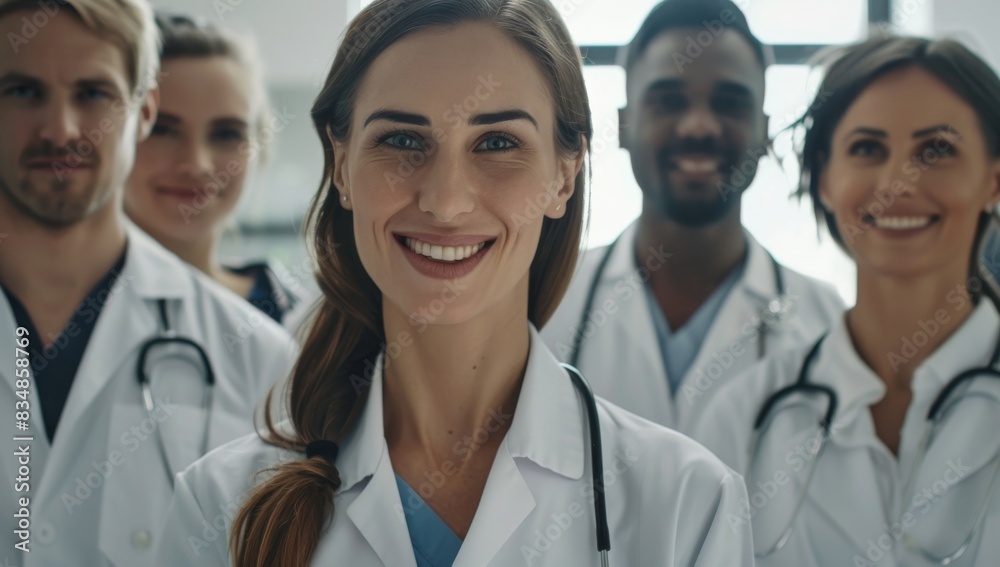 A group of doctors standing in front, smiling and looking at the camera, portrait photography, Medical professionals proud A group of doctors standing in front, smiling and looking at the camera, portrait photography, Medical professionals proud