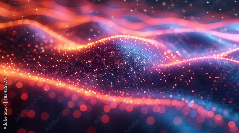 A mesmerizing image of a flowing particle wave illuminated with glowing red dots A mesmerizing image of a flowing particle wave illuminated with glowing red dots