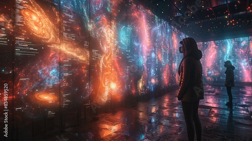 A person is immersed in an awe-inspiring cosmic digital exhibition showcasing vibrant space imagery