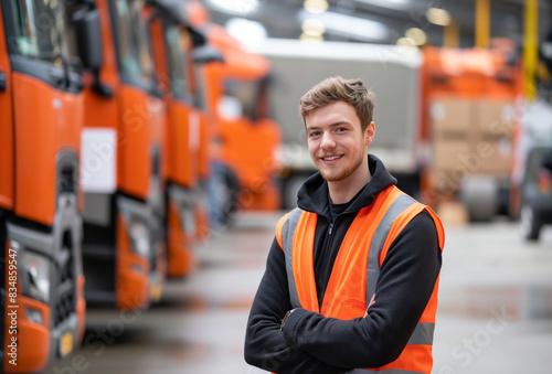 Logistician in Warehouse with Trucks