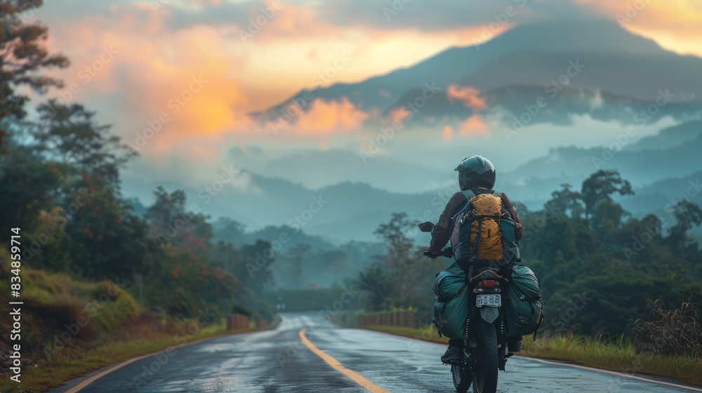 Traveler on a motorcycle admiring a stunning sunset over a mountainous landscape, depicting a journey and exploration Traveler on a motorcycle admiring a stunning sunset over a mountainous landscape, depicting a journey and exploration