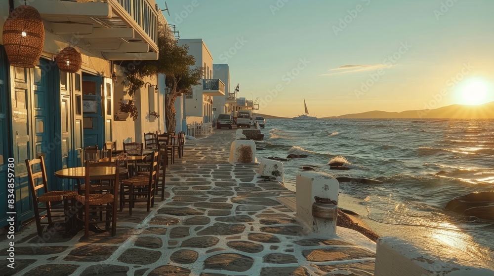 Fototapeta premium Seaside cafe at sunset with whitewashed buildings and cobblestone streets along the waterfront, creating a serene and picturesque scene, perfect for travel and lifestyle concepts