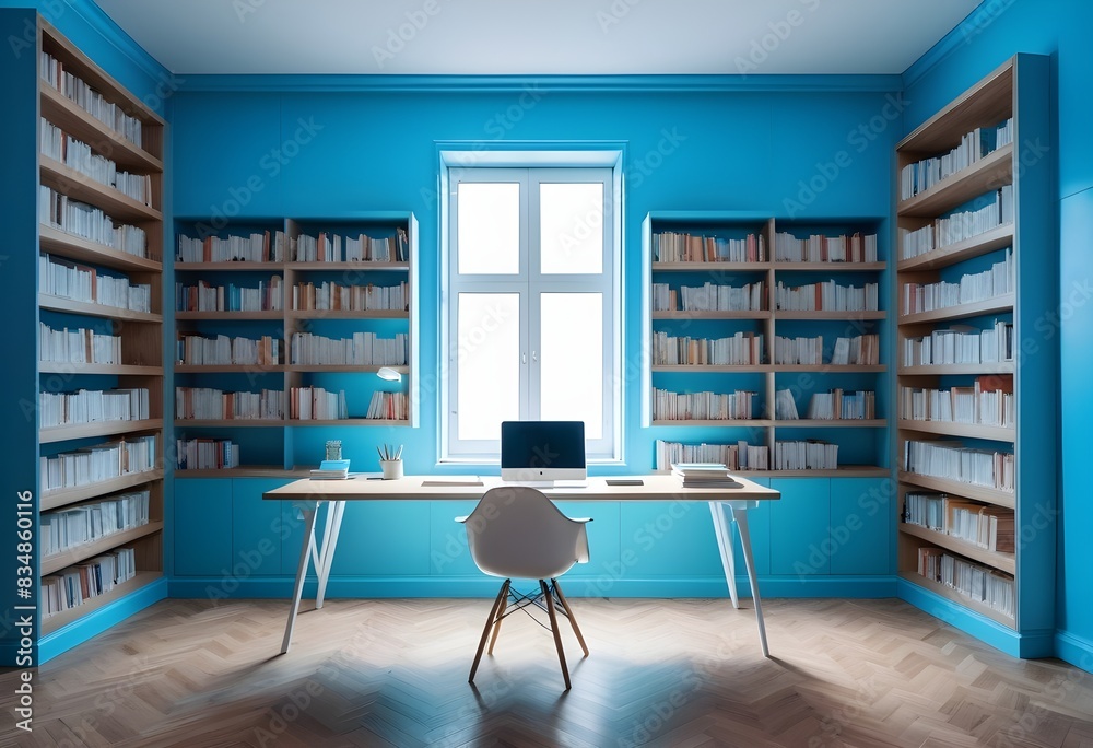 study room at home. wall covered with books, daylight, bright colors, wooden parquet floor