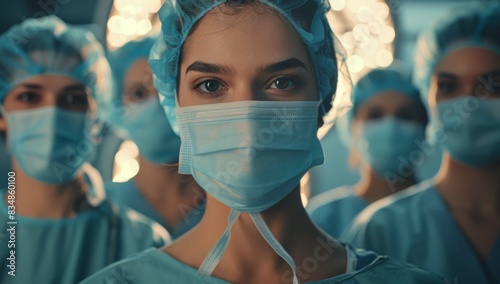 A group of young doctors wearing masks and scrubs stand in the operating room, facing forward with their eyes focused on the camera.