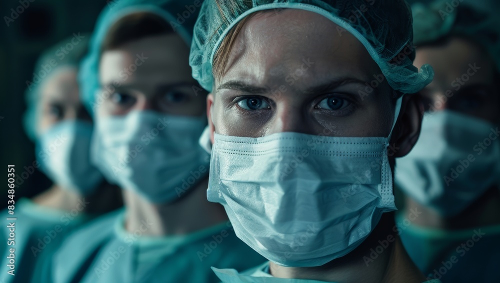 A group of young doctors wearing masks and scrubs stand in the operating room, facing forward with their eyes focused on the camera. A group of young doctors wearing masks and scrubs stand in the operating room, facing forward with their eyes focused on the camera.