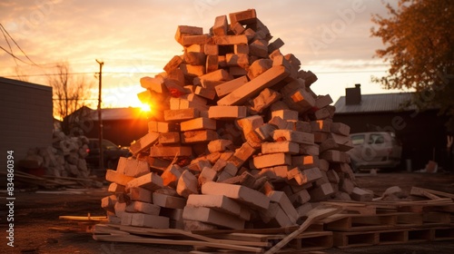 pile of mixed construction materials  including bricks  concrete blocks  