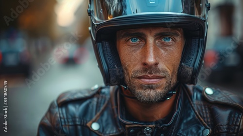 Close-up of a male motorcyclist wearing a helmet and leather jacket against an urban background, reflecting adventure and transportation photo