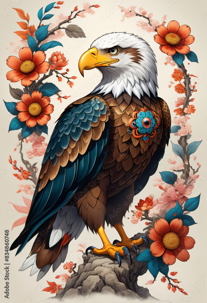 Fototapeta premium Drawing of eagle standing with flower