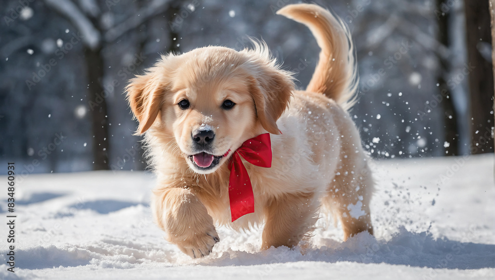 Happy domestic dog in Santa Claus hat runs and plays in the snow Happy domestic dog in Santa Claus hat runs and plays in the snow