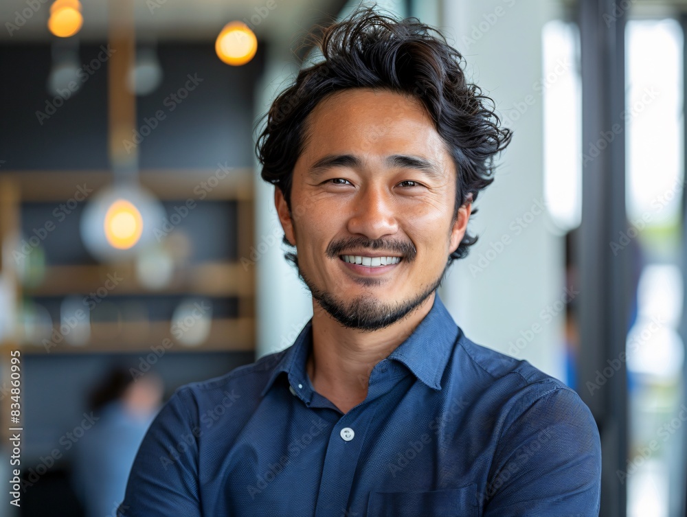 Obraz premium Man smiling dark curly hair blue shirt room