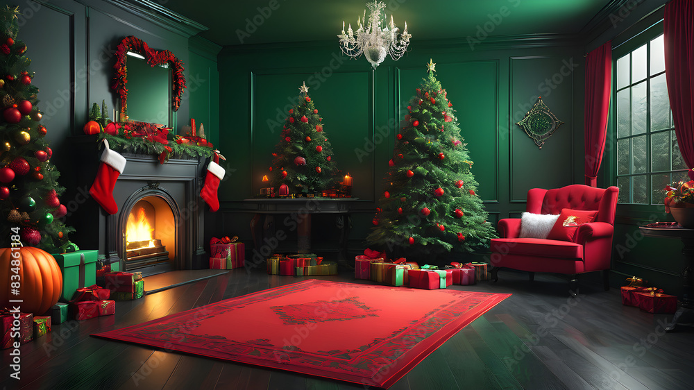 Sophisticated Christmas Decor: Moody Dark Green Walls, Red Furniture, and Black Accents Sophisticated Christmas Decor: Moody Dark Green Walls, Red Furniture, and Black Accents