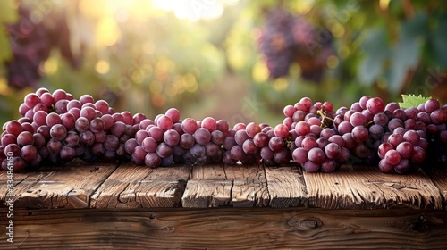 Sun-kissed bunches of ripe grapes laid out on a weathered wooden table amidst a vineyard