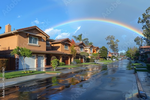 A vibrant rainbow arching over a row of suburban homes after rain, with wet streets reflecting light photo