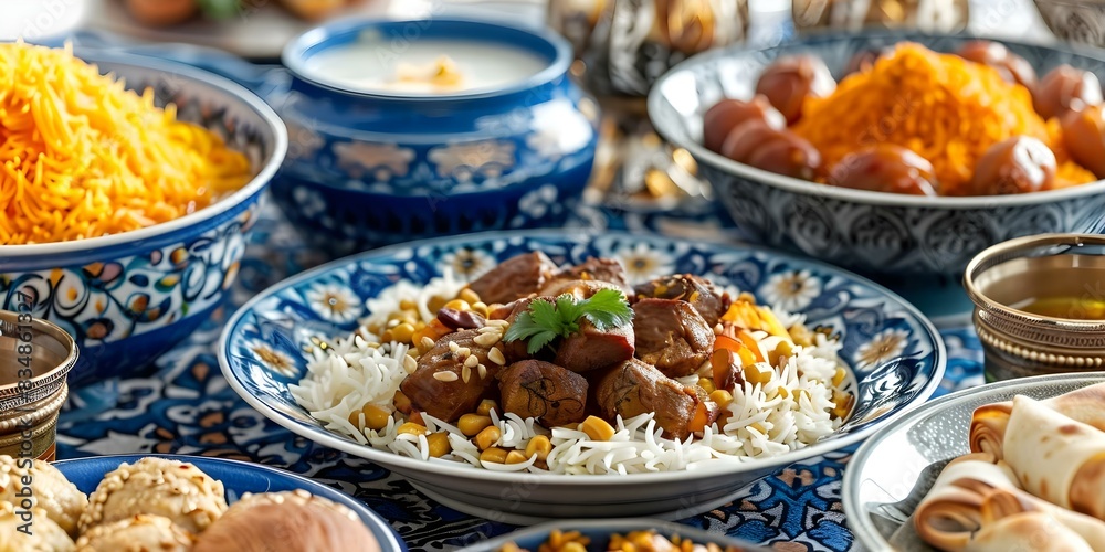 Celebratory meal marking end of Ramadan fasting in Islam known as Iftar. Concept Iftar traditions, Ramadan feasting, Islamic fasting, Religious meal, Festive dining Celebratory meal marking end of Ramadan fasting in Islam known as Iftar. Concept Iftar traditions, Ramadan feasting, Islamic fasting, Religious meal, Festive dining