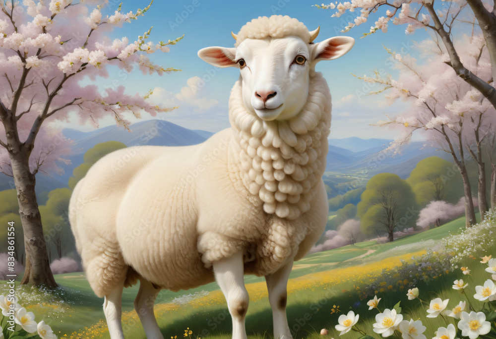 Fototapeta premium Drawing of sheep on mountain