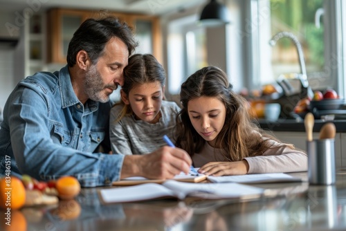 A close-up of parents reviewing their child's homework and school notes at the breakfast table. The child watches with interest and eagerness. The scene is set in a warm, family kitchen, emphasizing
