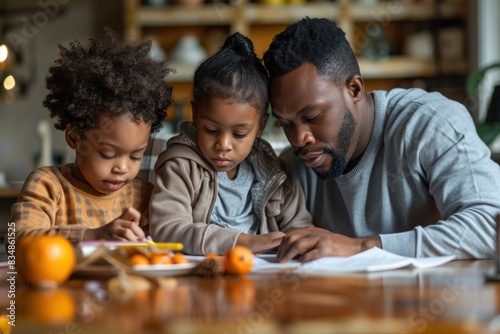 A close-up of parents reviewing their child s homework and school notes at the breakfast table. The child watches with interest and eagerness. The scene is set in a warm  family kitchen  emphasizing