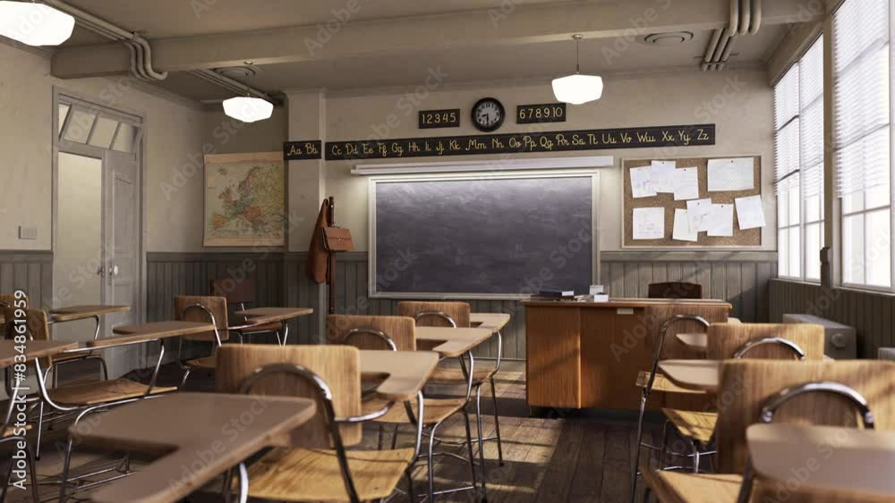 empty classroom. middle, or elementary school classroom with light coming through windows. back to school concept.