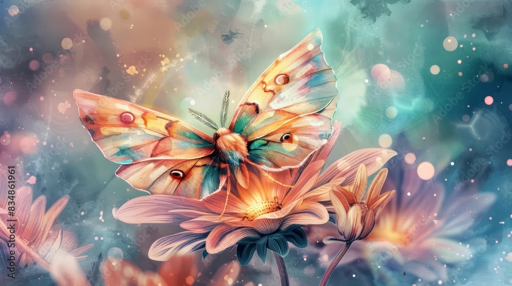 A kawaii watercolor of a moth, with delicate wings, resting on a glowing, magical flower in a whimsical fantasy garden, Clipart isolated on white A kawaii watercolor of a moth, with delicate wings, resting on a glowing, magical flower in a whimsical fantasy garden, Clipart isolated on white