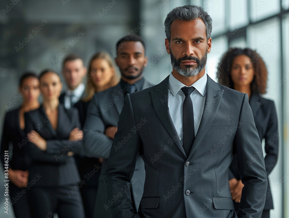 Suited man stands before business group Suited man stands before business group