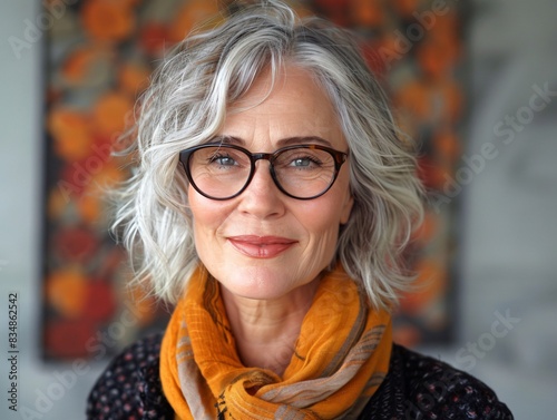 Blonde woman glasses scarf stare camera