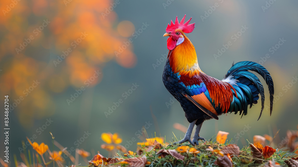 Fototapeta premium A vividly colored rooster stands proudly on a field with autumn leaves