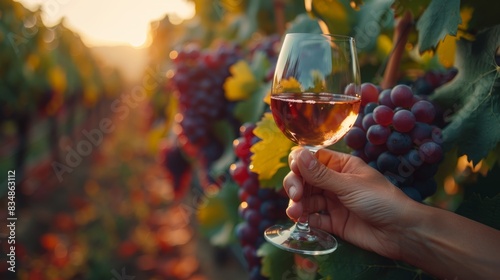 A hand holding a glass of wine amidst the grapevines with a warm sunset in the background, reflecting wine culture photo