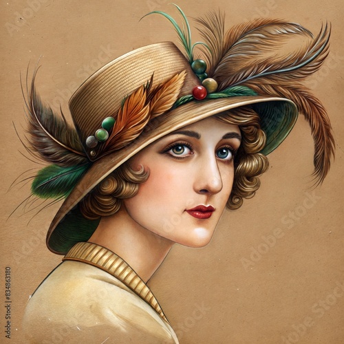 A beautifully illustrated vintage portrait of a woman wearing a hat with feathers and decorations. Ideal for posters, book covers, and vintage-themed decor