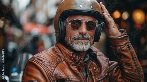 Rugged mature man in a classic leather jacket and motorcycle helmet nods in an urban environment