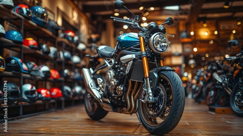 A modern motorcycle prominently displayed in a showroom, highlighted by meticulous design and surrounded by an array of helmets