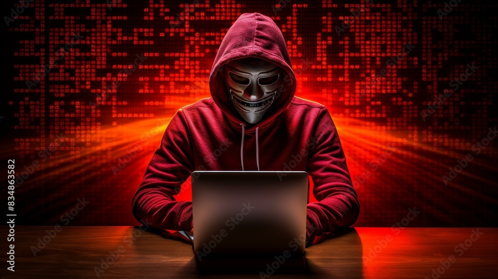 A highquality image featuring a masked hacker sitting in front of a computer, symbolizing cyber warfare and online security risks. A highquality image featuring a masked hacker sitting in front of a computer, symbolizing cyber warfare and online security risks.