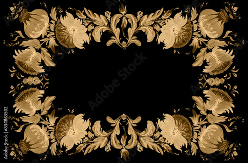 PrintHand drawn Floral pattern for shawl, carpet, bandana, tile, with golden flowers, leaves, branches on a black background photo