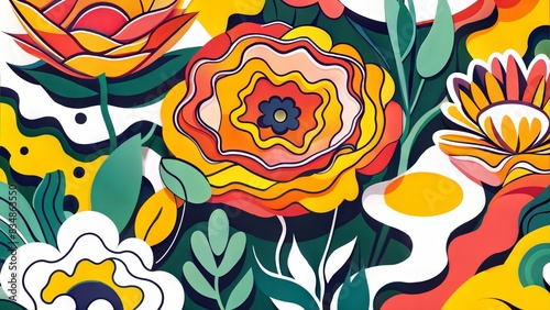 A bold and modern floral illustration featuring large flowers with striking colors on a yellow background. Suitable for posters, modern home decor, fabric prints, and contemporary greeting cards.