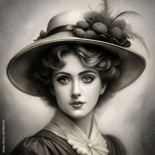 A monochromatic vintage portrait of a woman wearing a hat adorned with feathers and flowers.