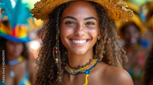 A joyful woman in a straw hat smiles brightly amongst a colorful crowd, her earrings and necklace adding cultural flair