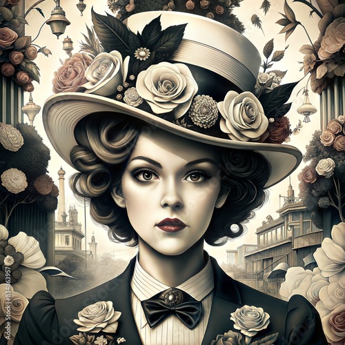 An intricately detailed vintage portrait of a woman wearing a floral hat, set against a backdrop of a historical cityscape.