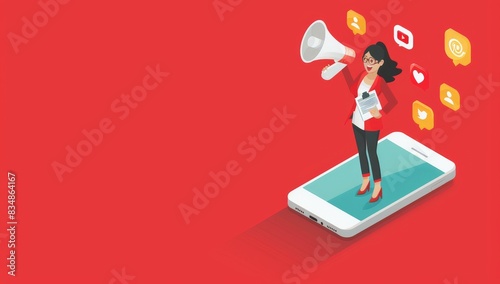 A flat vector illustration of a woman holding a megaphone and some documents, standing on top of a mobile phone with social media icons floating around her against a red background.