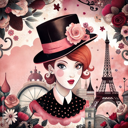 A charming and whimsical illustration of a woman in a top hat adorned with flowers, set against a backdrop of Parisian landmarks. Perfect for posters, book covers, and greeting cards