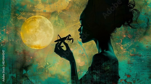 Digital artwork of a woman with a praying mantis on her finger, displaying elegance and grace through abstract silhouettes.