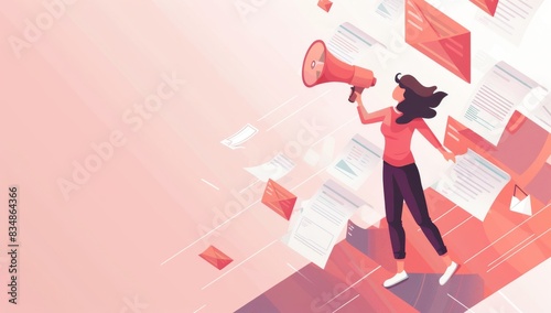 A flat vector illustration of a woman holding a megaphone and some documents, standing on top of a mobile phone with social media icons floating around her against a red background.