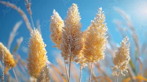 Pampas grass with golden feathery tops stands tall under a sunny sky. The contrast between the warm hues of the grass and the vivid blue sky emphasizes the beauty of this natural landscape. © Natalya