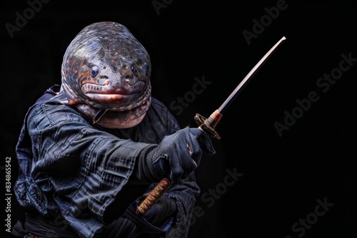 An eel in a ninja outfit, holding a pair of nunchucks against a solid black background with copy space