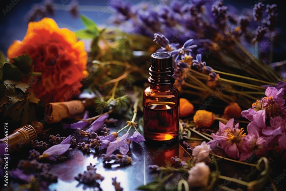 Fototapeta premium Essential Oil Bottle Surrounded By Aromatic Herbs And Blooms For Natural Wellness. Generative AI