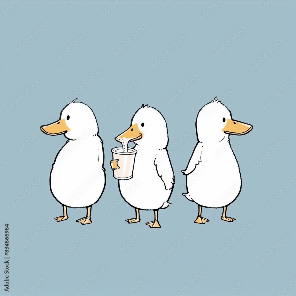 Adorable cartoon ducklings following each other, holding milk bottles. Minimalist cartoon illustration of cute ducklings in a row. Adorable cartoon ducklings following each other, holding milk bottles. Minimalist cartoon illustration of cute ducklings in a row.
