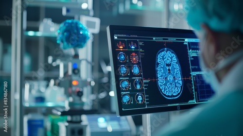 Brain scan results displayed on digital interface, medical technology. Digital brain image with colorful data overlays on modern interface. photo