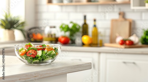 a modern kitchen with a white countertop  featuring a glass bowl filled with fresh salad and other vegetables  an oil bottle  a salt shaker  and a wooden spoon.